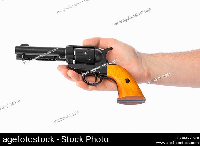 Hand with revolver isolated on white background
