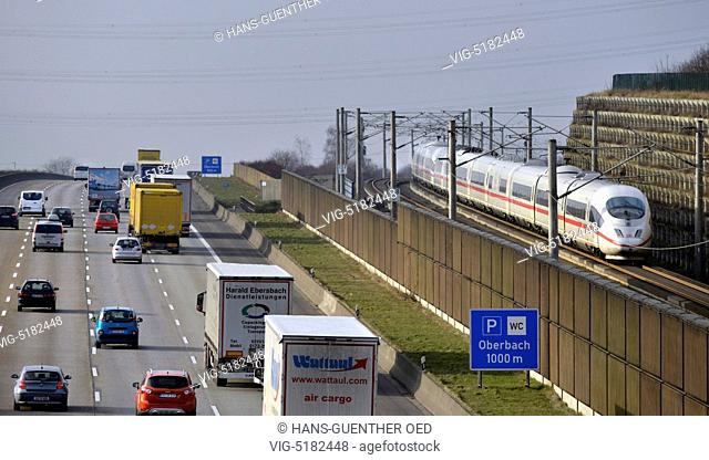 11.02.2015, near Frankfurt, DEU, Germany, an ICE 3 of Deutsche Bahn AG, German Railway Company, runs on the High-speed line Cologne Frankfurt