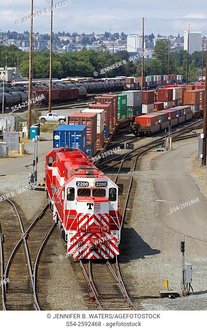 Tacoma Rail locomotives move containers at the Port of Tacoma, Washington State, USA