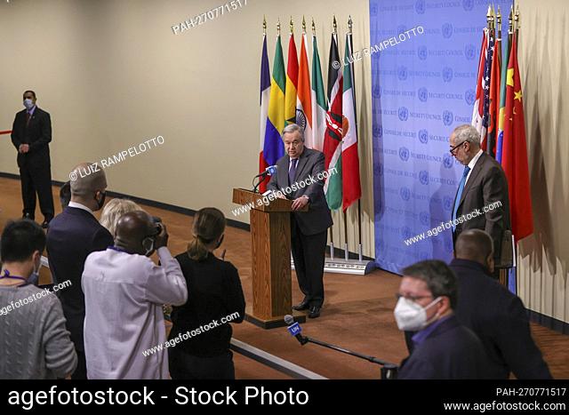 United Nations, New York, USA, January 13, 2022 - Secretary-General Antonio Guterres briefs reporters on Afghanistan, the recent humanitarian appeal for that...