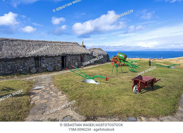 Thatched croft houses at the Skye Museum of Highland Life, Kilmuir, Trotternish, Isle of Skye, Inner Hebrides, Scotland, United Kingdom, Europe