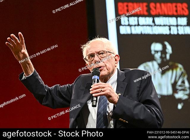 12 October 2023, Berlin: U.S. politician Bernie Sanders speaks at the launch of his book ""It's Okay to Be Angry at Capitalism"" at the House of World Cultures