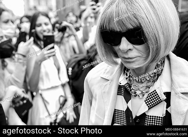 British journalist and publisher Anna Wintour guest at the Salvatore Ferragamo fashion show on the fourth day of Milan Fashion Week Women's collection Spring...