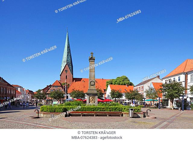 Market square with town church St. Michaelis and obelisk, Eutin, Schleswig-Holstein, Germany, Europe