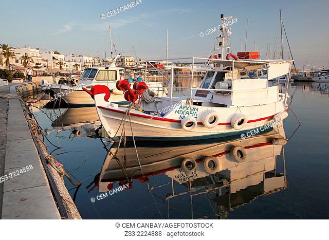 Fishing boats inside the harbour in the afternoon light, Naxos, Cyclades Islands, Greek Islands, Greece, Europe