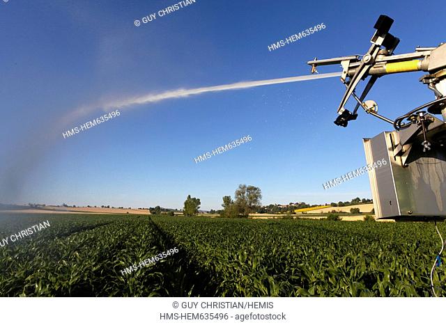 France, Puy de Dome, Limagne Plain near Billom, irrigation of a corn field by water pump