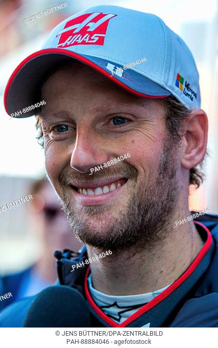 French Formula One pilot Romain Grosjean of Haas F1 speaks to journalists during the testing before the new season of the Formula One at the Circuit de...