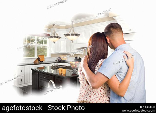 Daydreaming young military couple over custom kitchen photo inside thought bubble