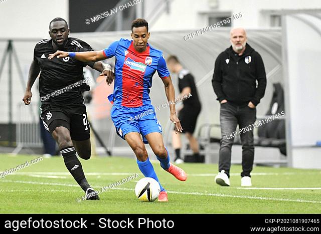 From left soccer players Amos Youga of Sofia, Jhon Mosquera and coach Michal Bilek, both of Viktoria Plzen in action during the European Conference League 4th...