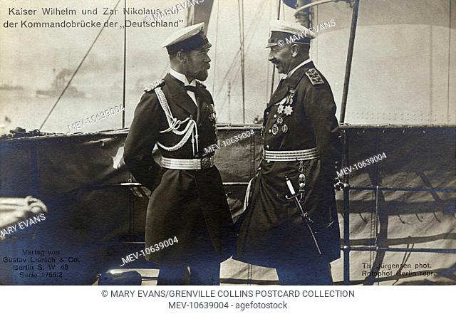 Tsar Nicholas II and Kaiser Wilhelm II on board the German imperial yacht, Hohenzollern, on 4 June 1909. Nicholas had sailed on a barge fromm Shtandart to the...