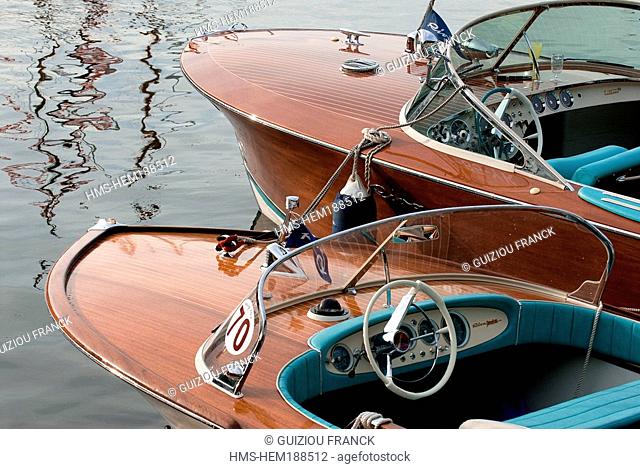 France, Savoie, Aix les Bains, Navig'Aix Festival on Lac du Bourget, famous Riva wooden motorboat
