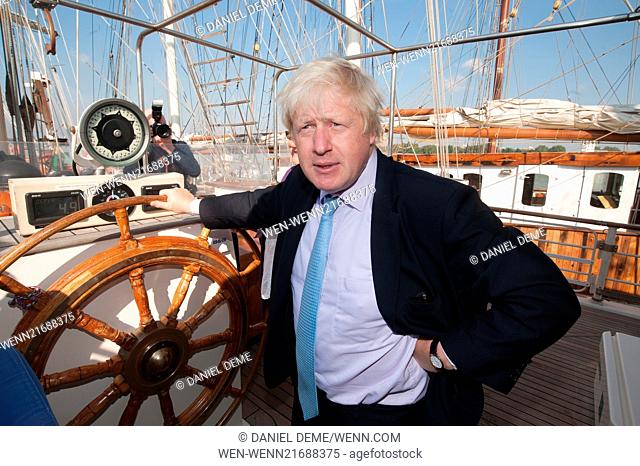 The Mayor of London Boris Johnson visits TS Tenacious tall ship at Woolwich Arsenal Pier. Featuring: Boris Johnson Where: London