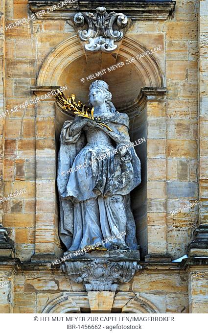 Statue of Empress Kunigunde, 980-1033, on the main facade of the Basilica Goessweinstein, Baroque church, consecrated in 1739, architect Baltasar Neumann