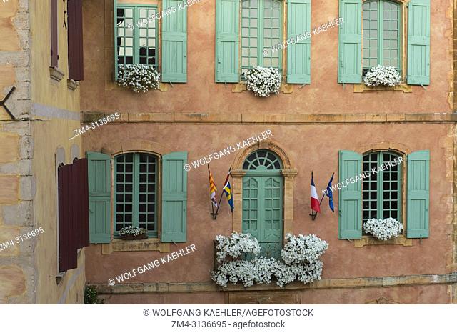 Detail of the town hall in the village of Roussillon in the Luberon, Provence-Alpes-Cote d Azur region in southeastern France
