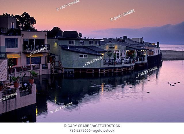 Pre dawn light and fog at the Capitola waterfront, northern Monterey Bay Santa Cruz County, CALIFORNIA