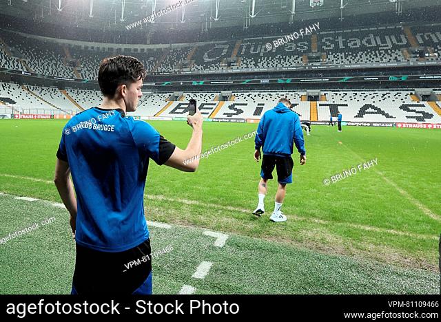 Club's players pictured as they inspect the grass pitch during a training session of Belgian soccer team Club Brugge KV, Wednesday 29 November 2023 in Istanbul