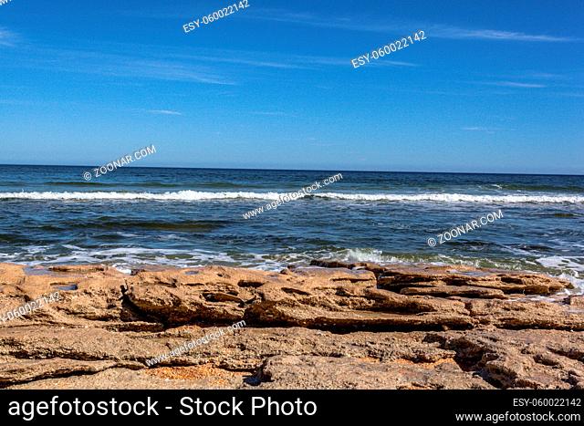 Rocky Beach Shore Ocean Landscape Tropical Weather Waves Crashing Looking Out