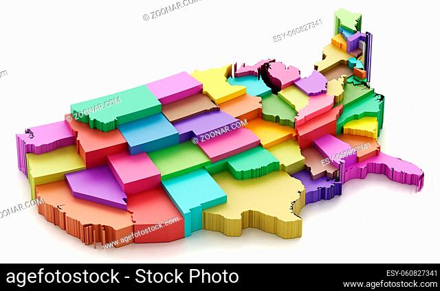 Multi colored USA map showing state borders. 3D illustration