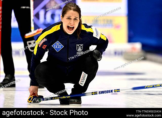 Sweden's Skip Anna Hasselborg in action during the match between Sweden and Switzerland during the round robin session 3 of the LGT World Women’s Curling...