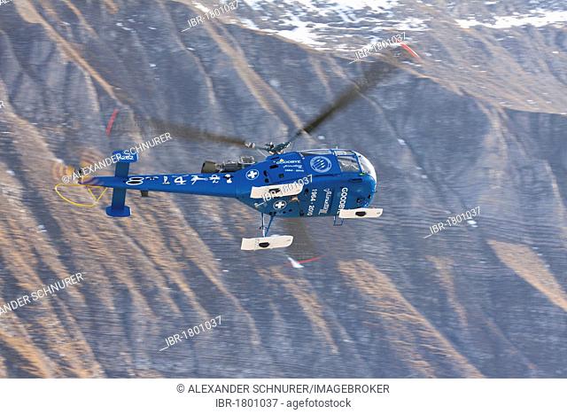 Farewell flight of the Swiss military helicopter Alouette III with special paint, mountain-air show of the Swiss Air Force at Axalp, Ebenfluh, Interlaken, Bern
