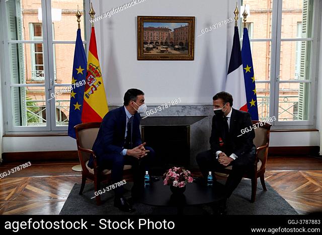 The French President, Emmanuel Macron, receives the Pedro Sanchez, Spanish Prime Minister, in the Prefecture of Tarn-et-Garonne, in the French town of Montauban
