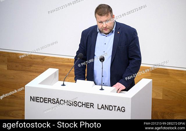 13 December 2023, Lower Saxony, Hanover: Marcel Queckemeyer (AfD) speaks in the Lower Saxony state parliament. Member of the state parliament Queckemeyer...