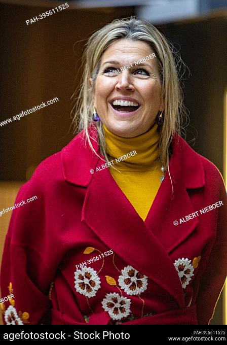 Queen Maxima of The Netherlands arrives at Kazerne in Eindhoven, on February 16, 2023, for a work visit to designers in Eindhoven