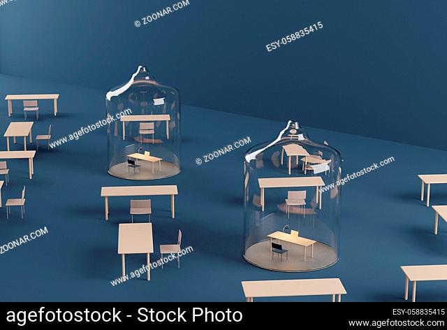 Home office under glass dome. Isolation during covid-19 pandemic quarantine. 3d render. physical distancing blue background