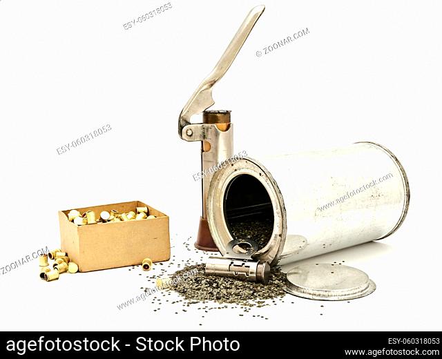 Photo Of Gunpowder And Hunting Accessories Against White Background