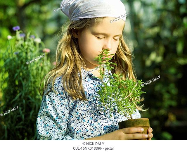Young female smelling a herb plant