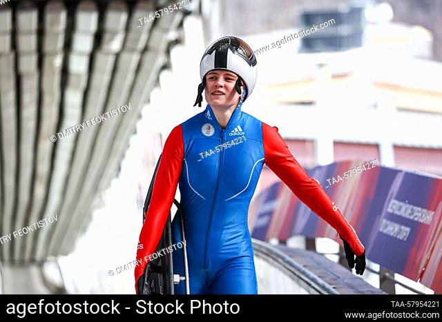 RUSSIA, SOCHI - MARCH 19, 2023: Anna Rodionova prepares to compete in a women's event at the Russian Skeleton Championship at the Sanki Sliding Center