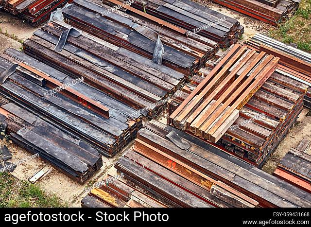 Steel girder beams stored on a site