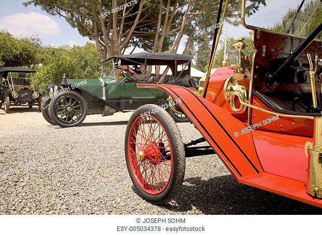Antique cars parked in an orange grove at horseless carriage rally in Santa Paula, CA