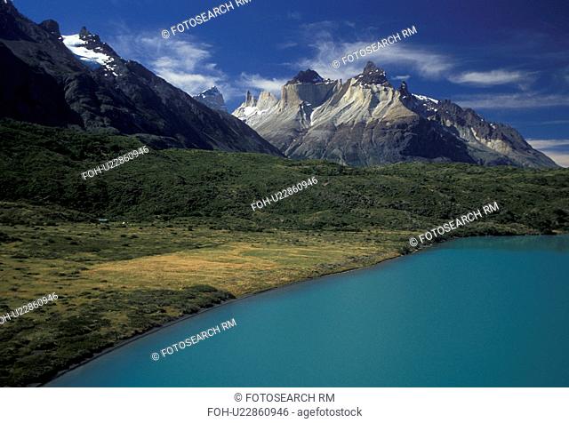 Torres Del Paine National Park, Patagonia, Chile, Andes, Scenic view of Lago (lake) Pehoe and huge granite pillars of mountains in Parque Nacional Torres Del...