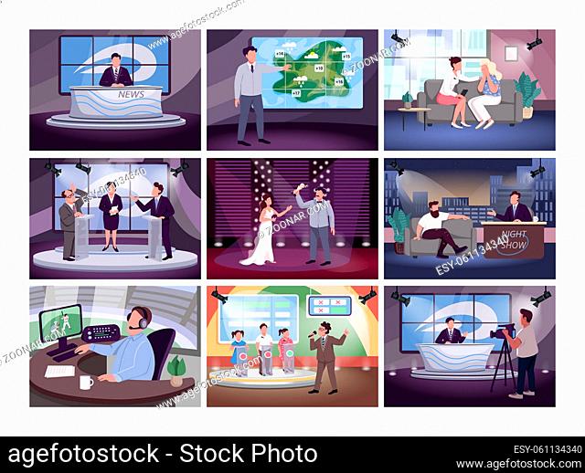 Television broadcasting flat color vector illustrations set. Show hosts and newscasters 2D cartoon characters. Media industry, different programs