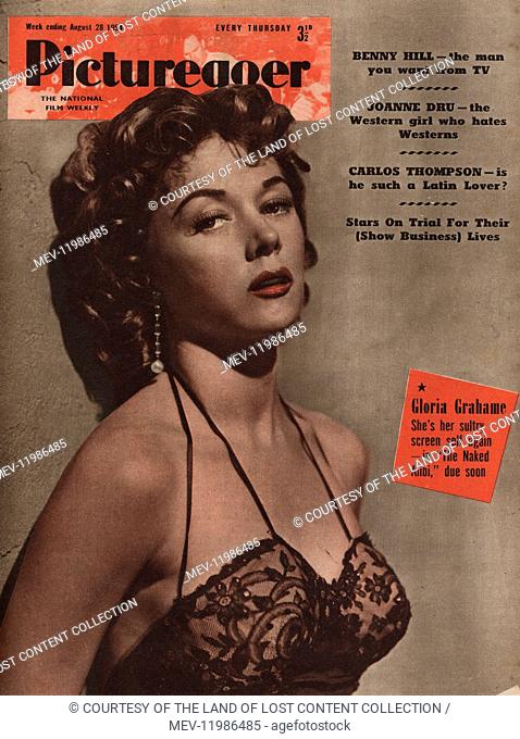 Picturegoer 28th August 1954 - 1954, front cover, Gloria Grahame, film star, lacy, lingerie, earrings, lipstick, vamp, tricolour photograph