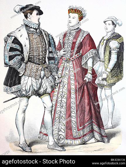 Folk traditional costume, clothing, history of costumes, Francis II Elizabeth in bridal suit, Francis II as Dauphin, France, 16th century