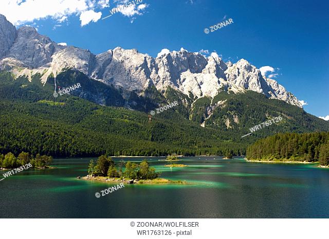lake Eibsee and alps mountains in bavaria, germany