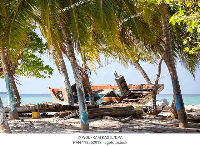 2018.22.09, Maledives, Hanimadoo: A boat lies between the palmtrees. | usage worldwide. - Hanimadoo/Haa Dhaalu Atoll/Maldives