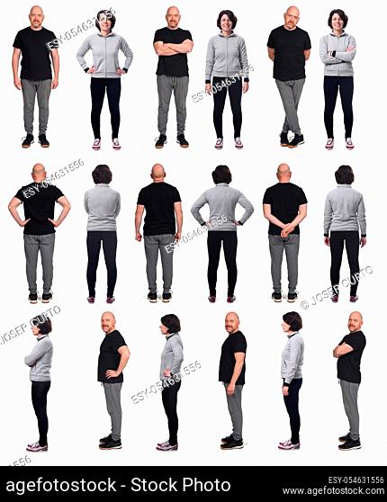 large group of couple with sportswear on white background, front, side and back view