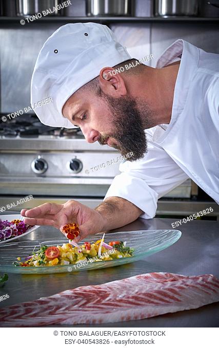 Chef garnishing flower in ceviche dish with hands at stainless steel kitchen