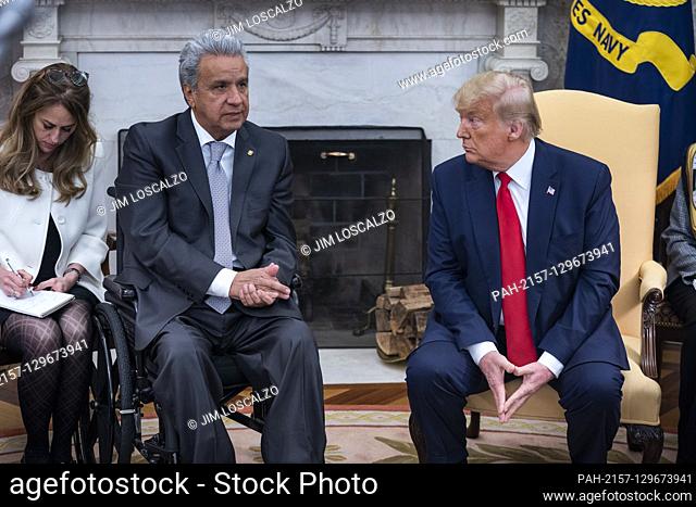 US President Donald J. Trump (R) and Ecuadorian President Lenin Moreno (L) speak to the media in the Oval Office of the White House in Washington, DC, USA