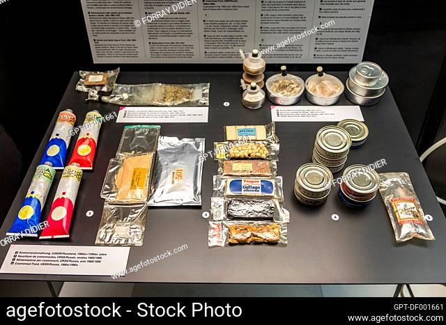 ASSORTMENT OF FOODS AVAILABLE TO THE ASTRONAUTS ABOARD THE INTERNATIONAL SPACE STATION, SWISS MUSEUM OF TRANSPORT, OUTER SPACE, SPACE CONQUEST