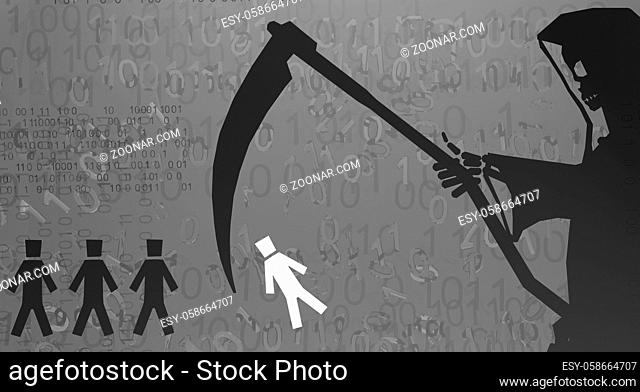 Grim reaper death shadow figure selecting person, grey cyberspace virtual reality abstract 3d illustration, horizontal