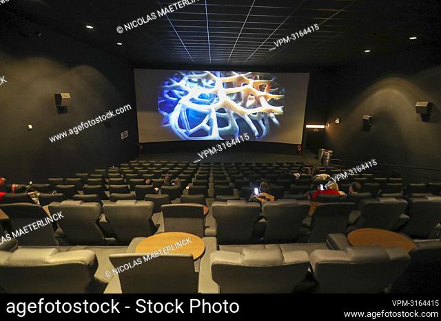 Illustration picture shows a movie theater at a Kinepolis cinema complex in Brussels, Saturday 01 January 2022. Kinepolis reopens all its movie theaters