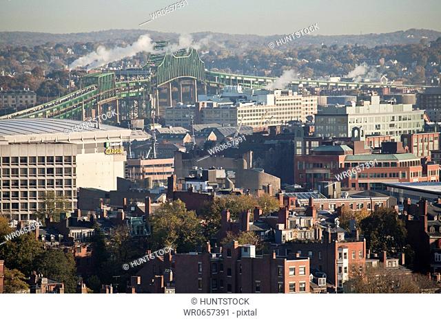 Panoramic view of a city and a bridge, Tobin Bridge, Boston Harbor, North End, Boston, Massachusetts, USA