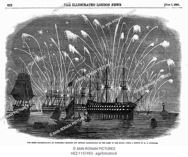 Peace commemorations for the end of the Crimean War, at Plymouth, England, 1856. Rockets and general illumination of the fleet in Plymouth sound
