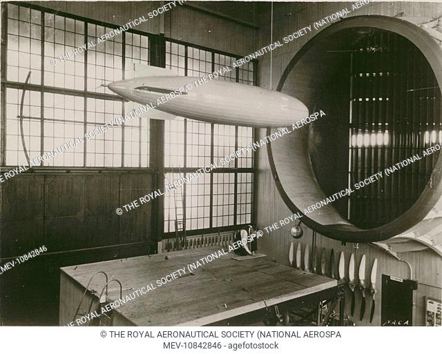 A 1/40 scale model of the airship Akron in the Full-Scale wind tunnel at the National Advisory Committee of Aeronautics Laboratories at Langley Field, Virginia