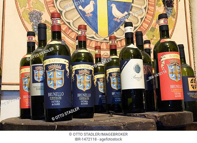 Brunello wine bottles, Fattoria dei Barbi, Podernovi, Montalcino, Tuscany, Italy, Europe