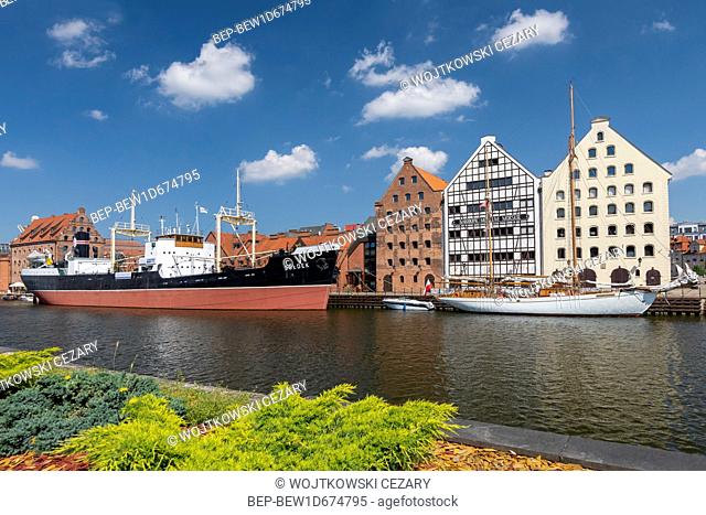 Museum ship Soldek and National Maritime Museum on Motlawa River and Olowianka Island in historic centre of Gdansk, Poland